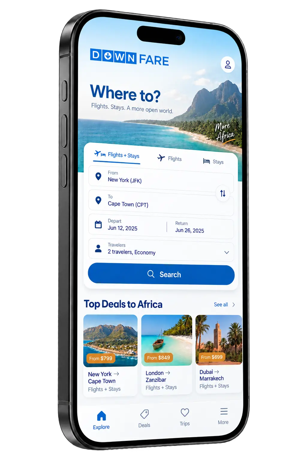 Downfare mobile app showing travel search and destination ideas